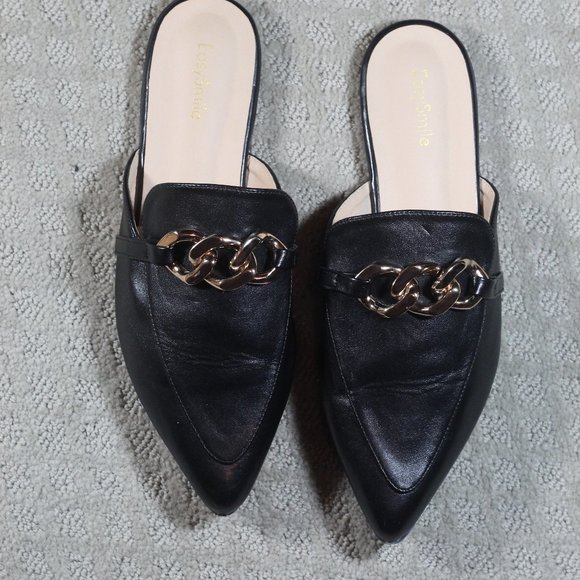 Easy Smile Size 9 Black Slide-on Black Pointed Toe Flats with Gold Chain Detail - Picture 2 of 7